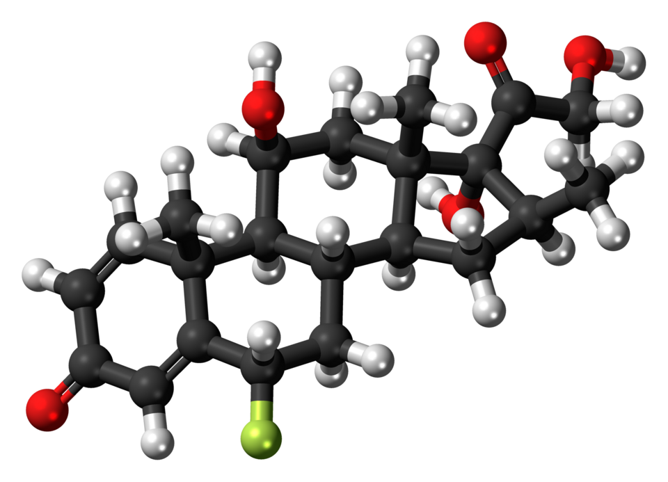 Ball-and-stick model of the fluprednisolone molecule, a corticosteroid.